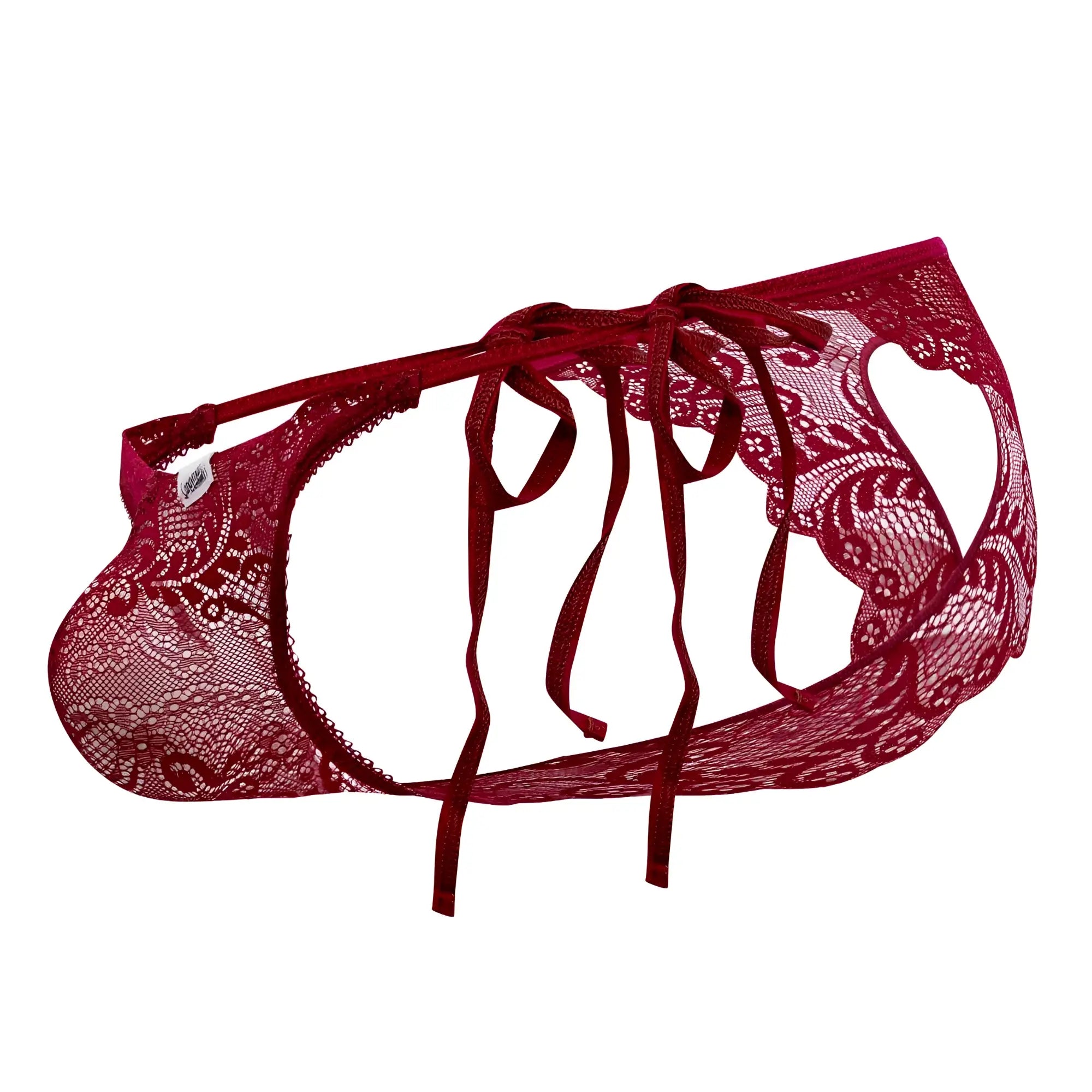 Burgundy red lace thong with intricate floral patterns and adjustable ties from candyman 99579 lace heart bikini