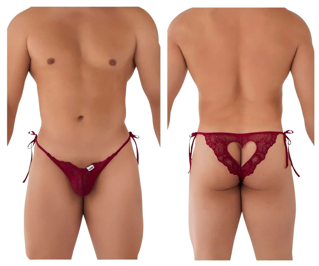 Burgundy candyman 99579 lace heart bikini thong with heart-shaped cutout and tied side strings front view