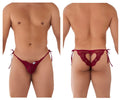 Burgundy candyman 99579 lace heart bikini thong with heart-shaped cutout and tied side strings front view