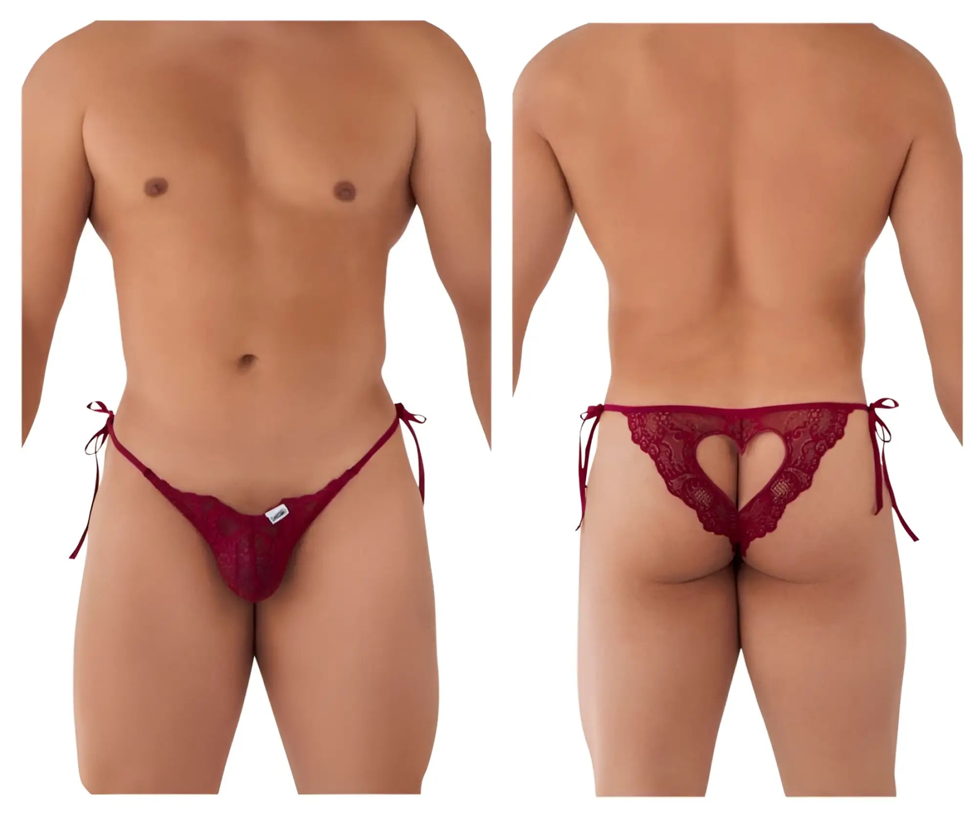 Burgundy candyman 99579 lace heart bikini thong with heart-shaped cutout and tied side strings front view