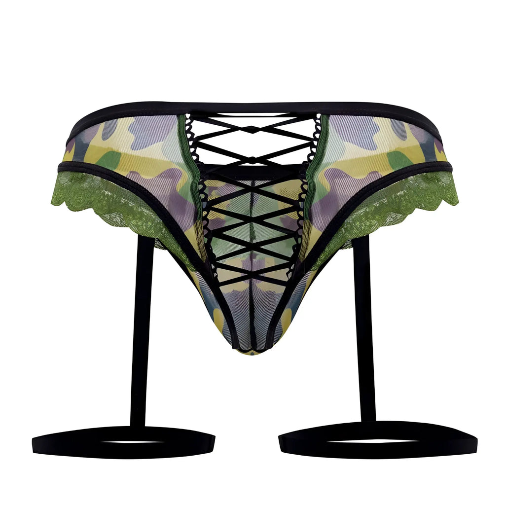 CandyMan 99580X garter camo thong in green features camouflage lace trim black crisscross lacing and adjustable straps