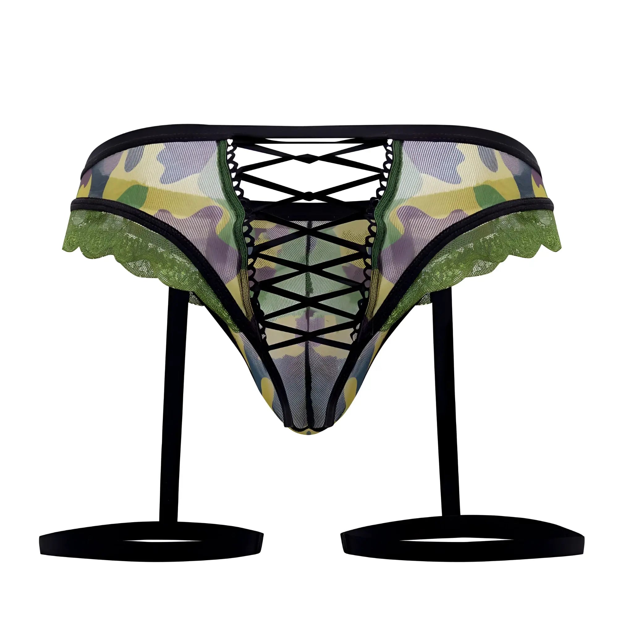 CandyMan 99580X garter camo thong in green features camouflage lace trim black crisscross lacing and adjustable straps