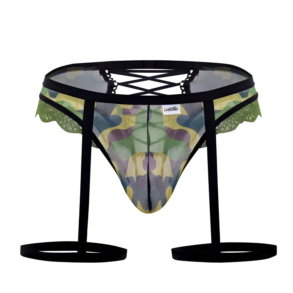 CandyMan 99580X garter camo thongs in green camouflage mesh with black lace trim and adjustable straps