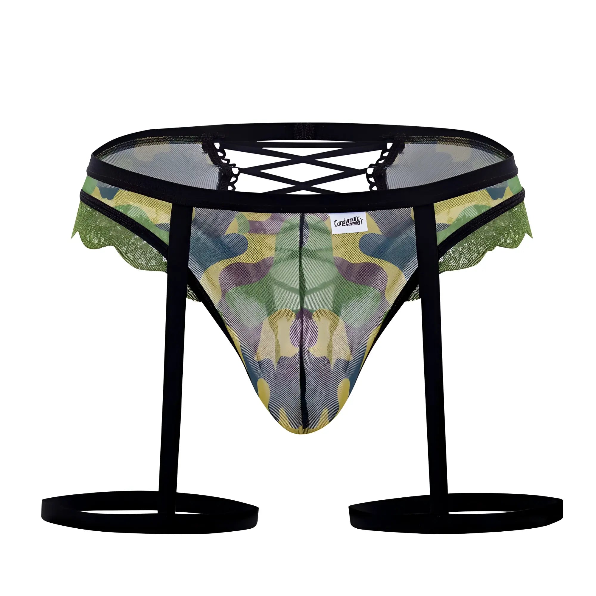 CandyMan 99580X garter camo thongs in green camouflage mesh with black lace trim and adjustable straps