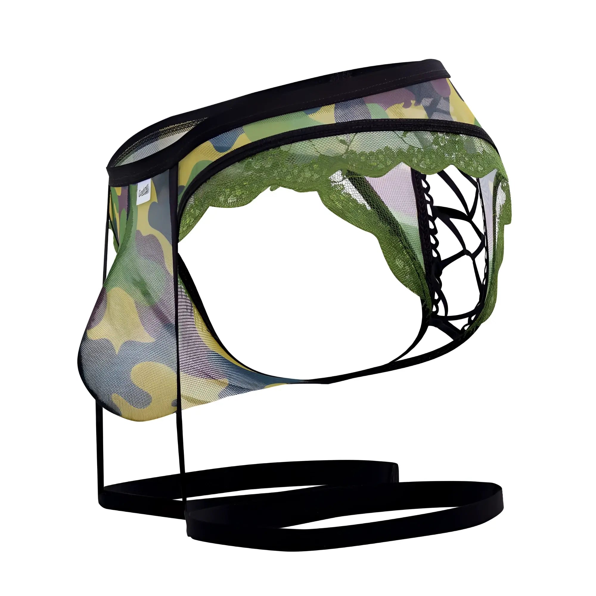 CandyMan 99580X garter camo thongs in green mesh with black lace trim and adjustable straps front view