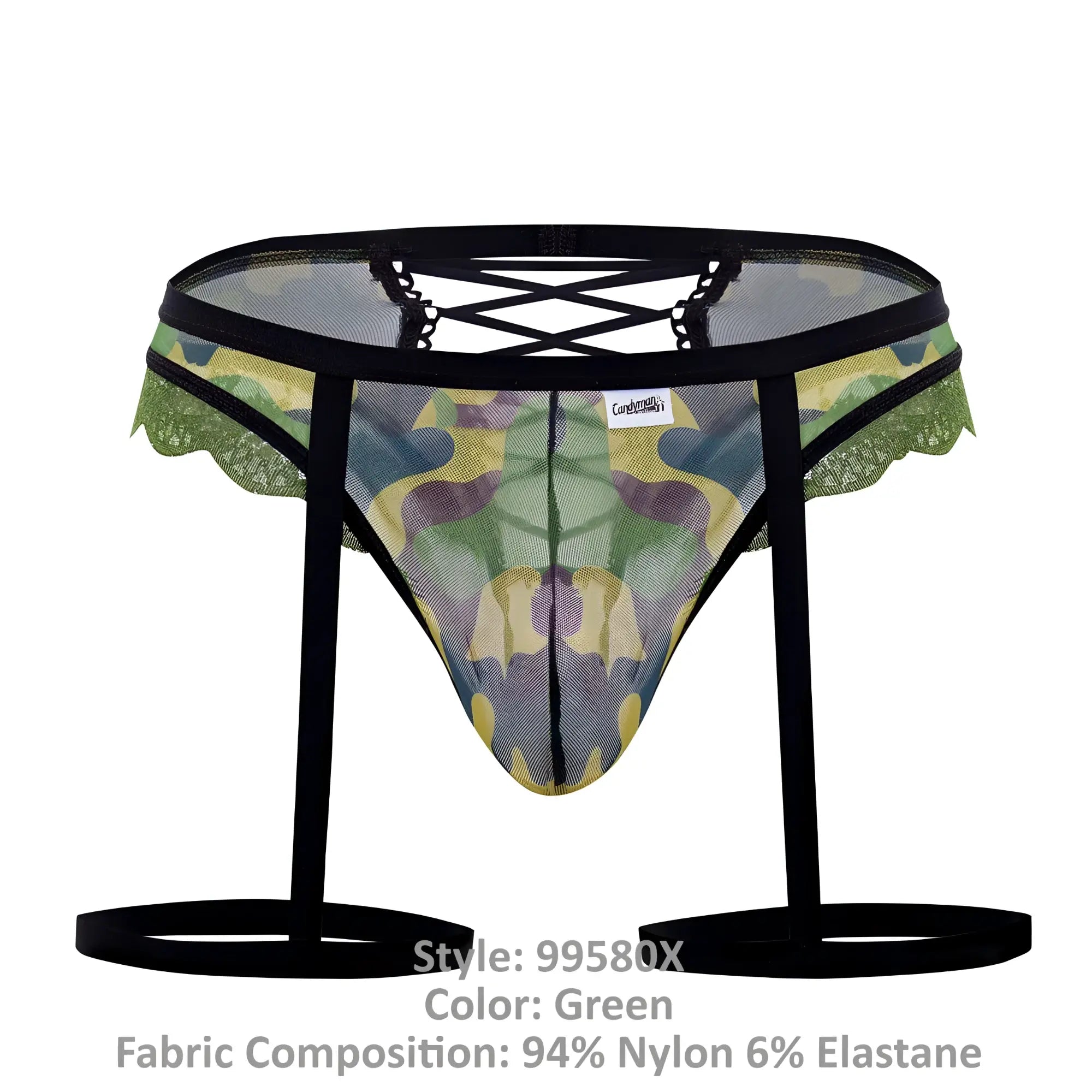 Green camouflage mesh briefs with black lace trim and adjustable straps from candyman 99580x garter camo thongs