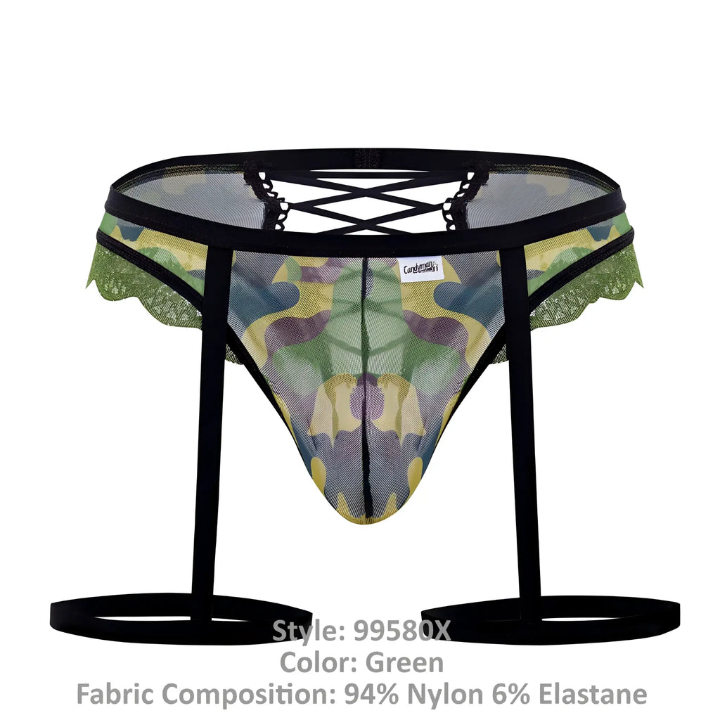 Candyman 99580x garter camo thongs in green mesh briefs with black lace trim and adjustable straps