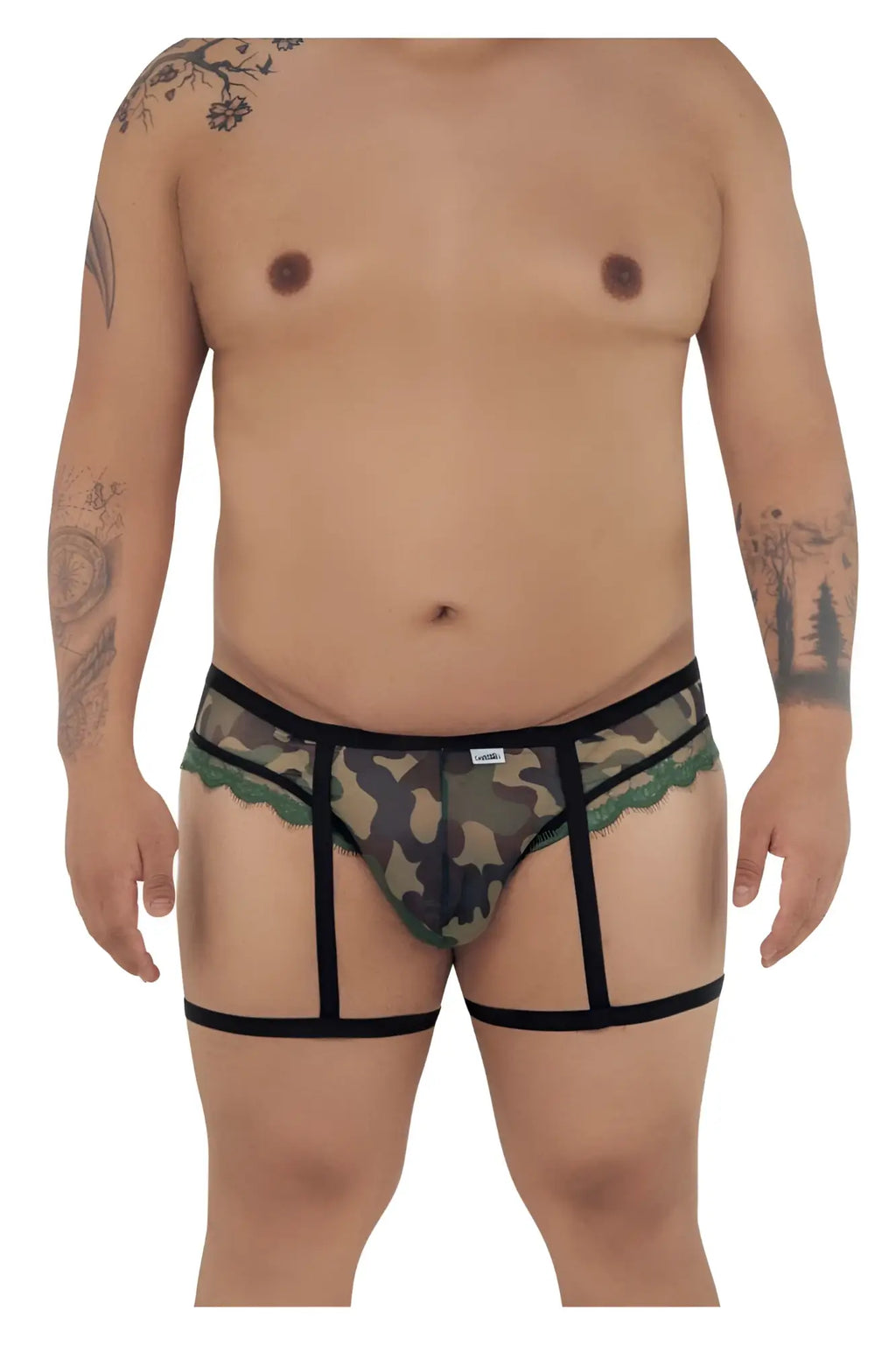 CandyMan 99580X garter camo thongs in green camouflage transparent fabric with black lace trim and supportive straps