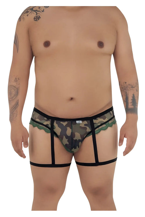 CandyMan 99580X garter camo thongs in green camouflage transparent fabric with black lace trim and supportive straps