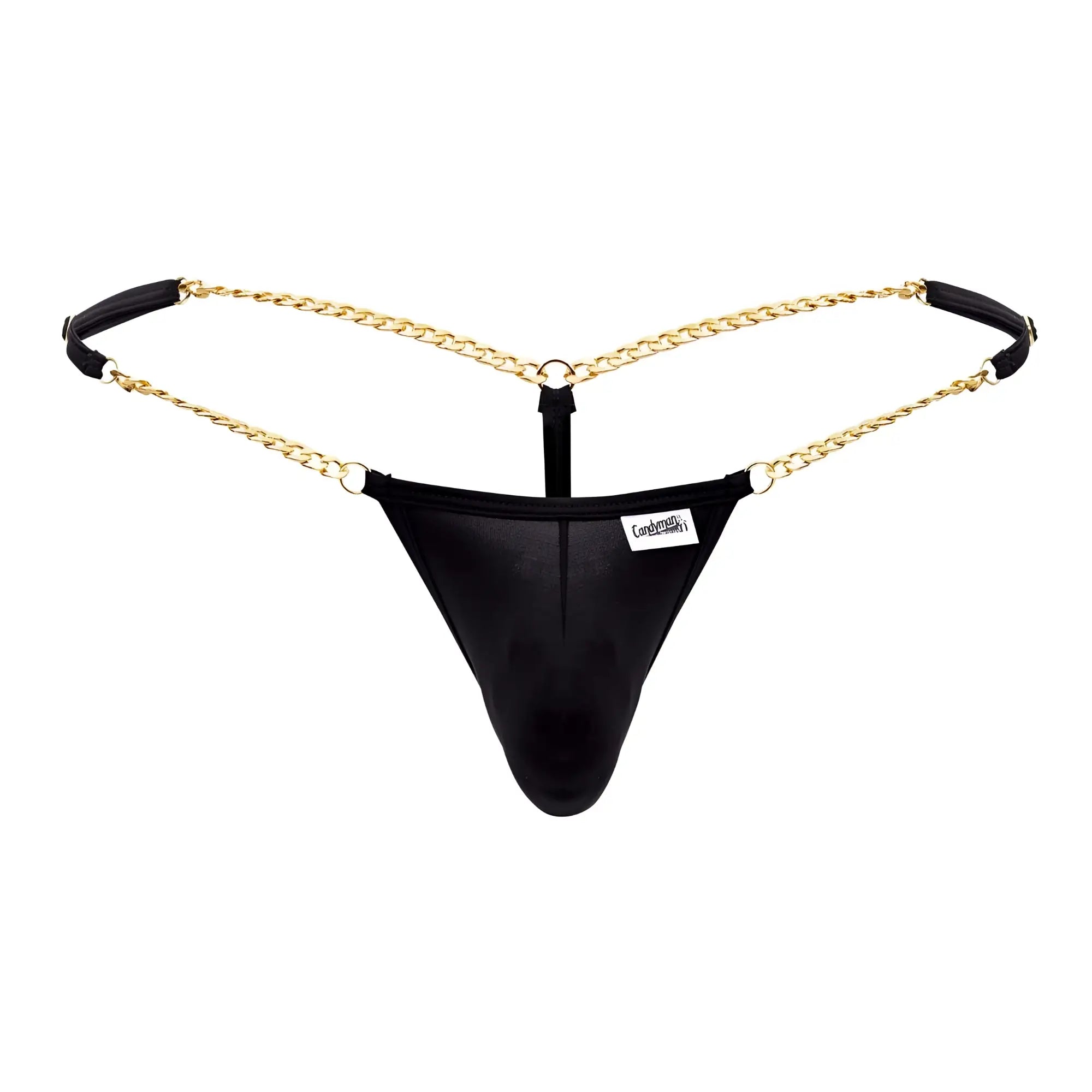 Black leather thong g-string with gold chain detailing and black fabric straps candyMan 99586 chain g-string