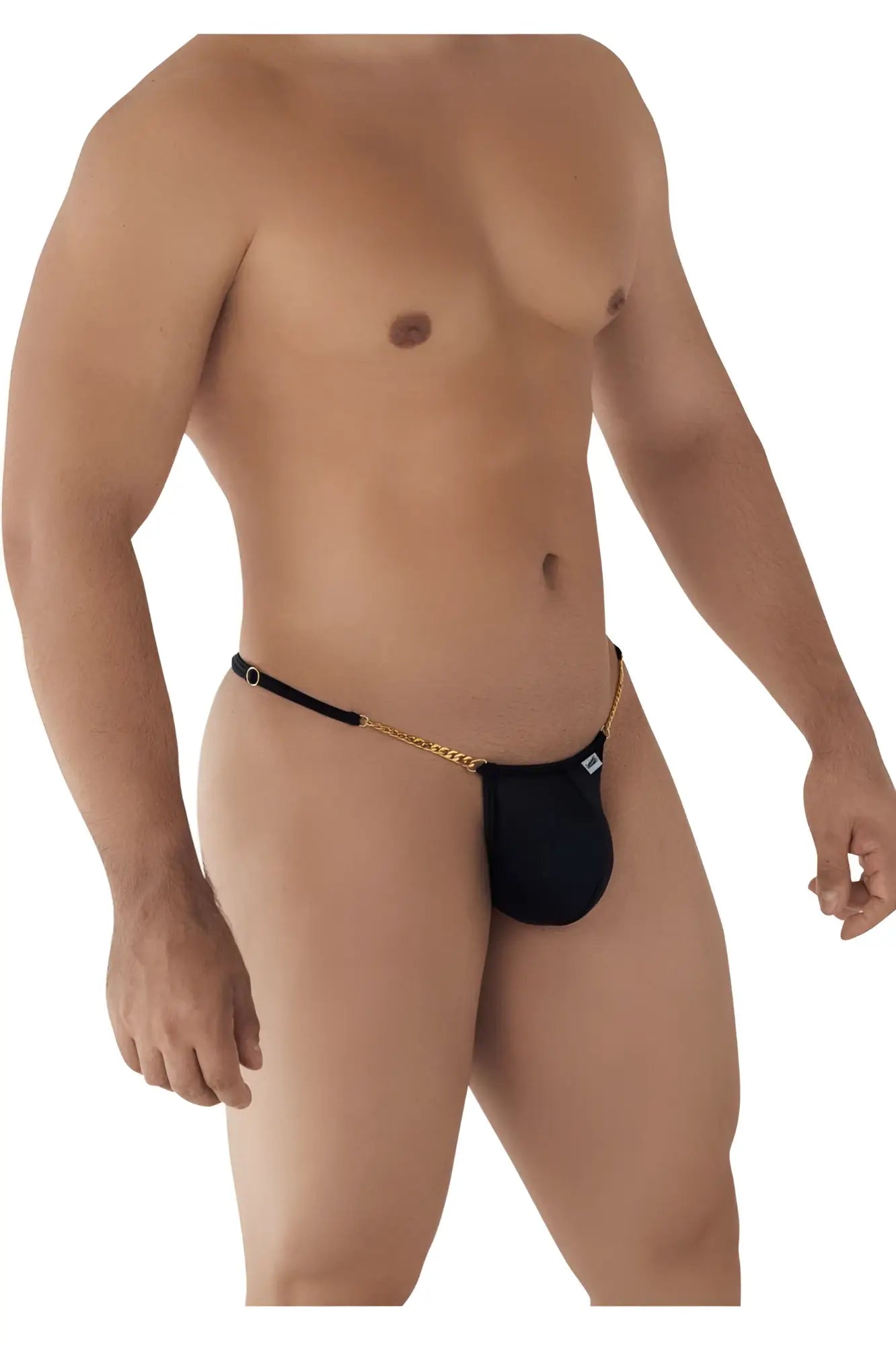 Black mens thong with gold chain detail and small white logo on the side candyMan 99586 chain g string black