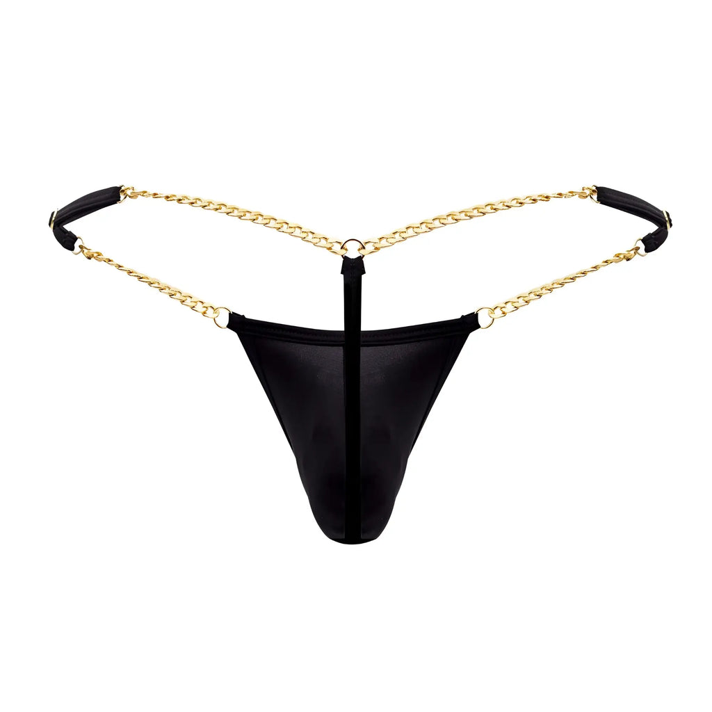 Black mesh CandyMan 99586 chain G-string with gold chain straps and black padded ends visible from the back side