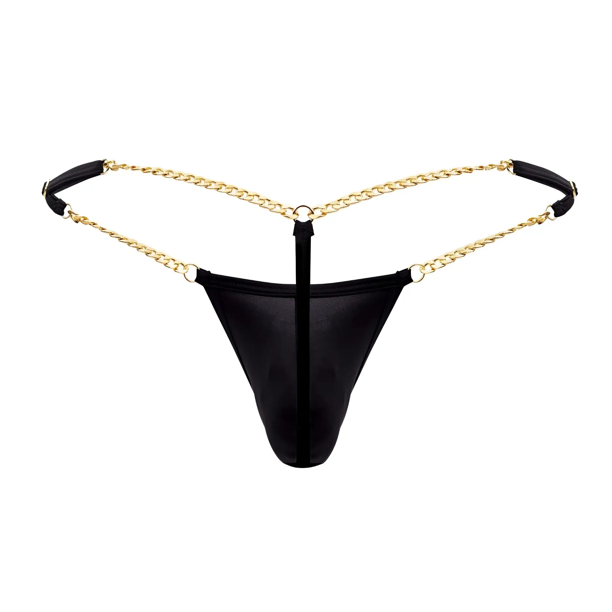 Black mesh CandyMan 99586 chain G-string with gold chain straps and black padded ends visible from the back side