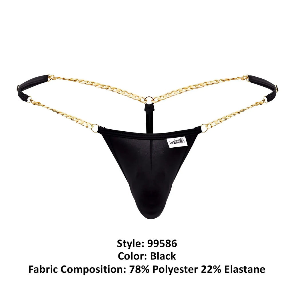 Black mesh thong candyMan 99586 chain g-string with gold chain straps and black fabric tabs front view