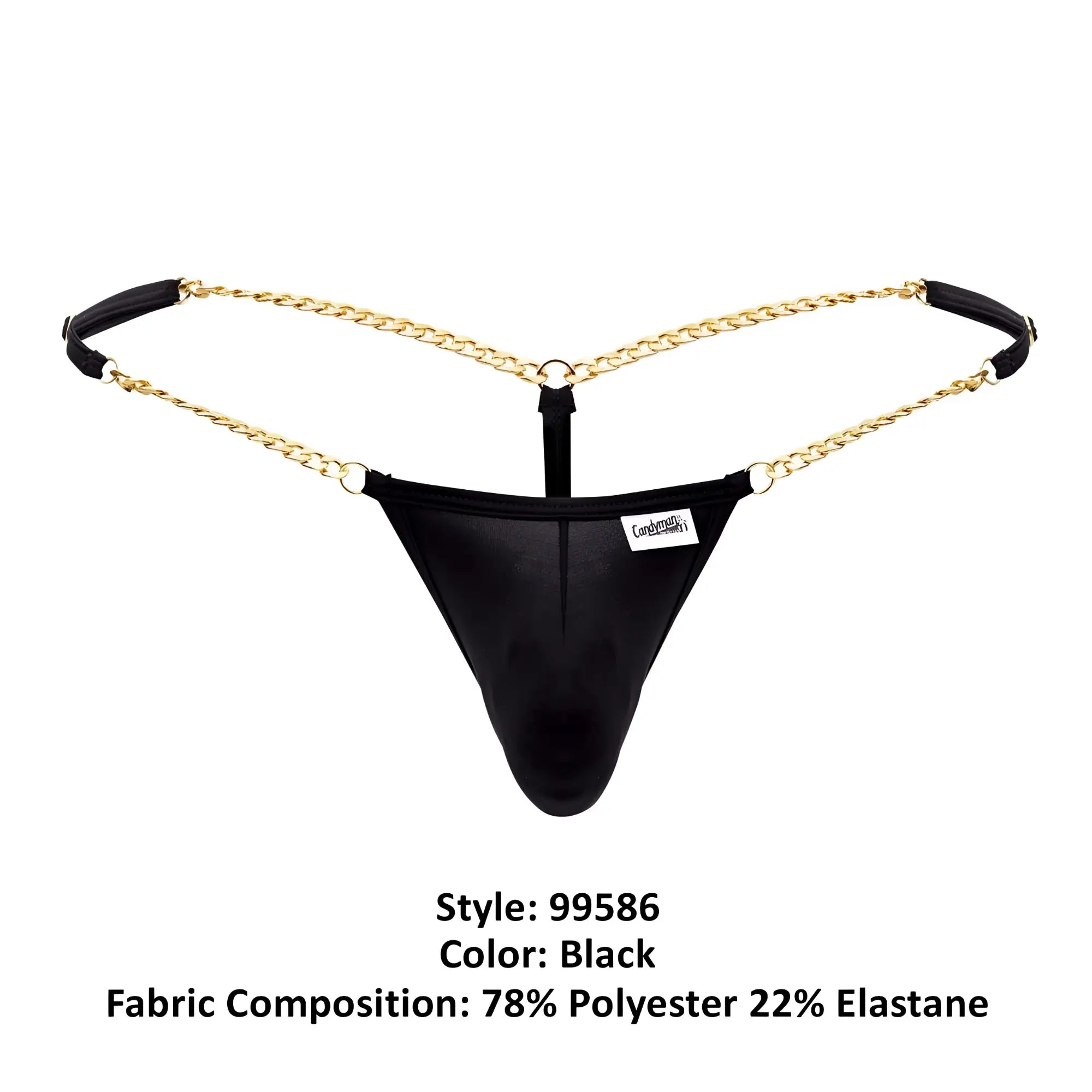 Black mesh thong candyMan 99586 chain g-string with gold chain straps and black fabric tabs front view