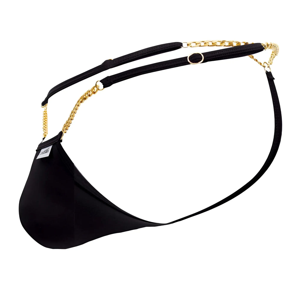 Black satin-like fabric thong g-string with gold-tone chain detailing and adjustable straps candyMan 99586 back view