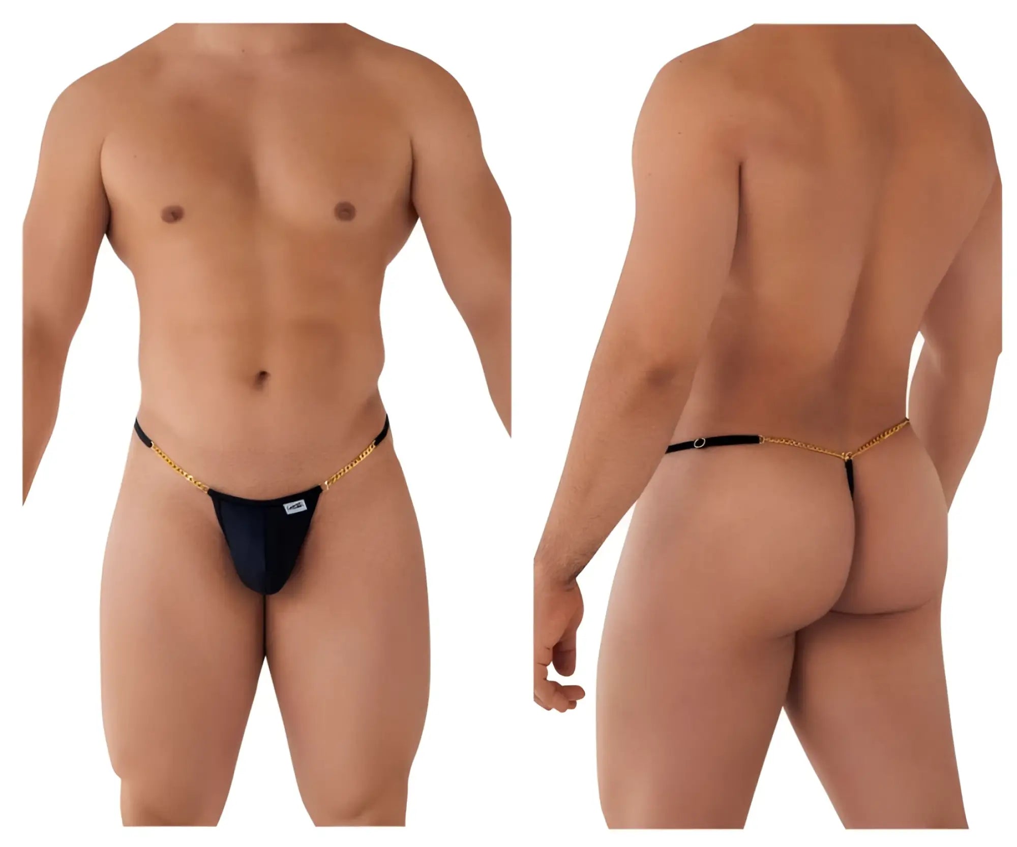 Black CandyMan 99586 chain g-string thong with gold chain detail showing the back side of the product