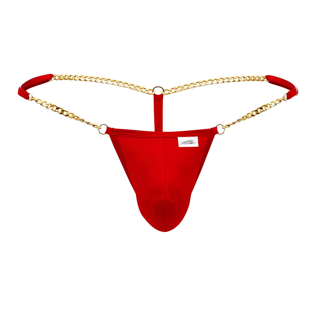Red fabric thong with gold chain straps and red padded ends from candyman 99586 chain g-string collection