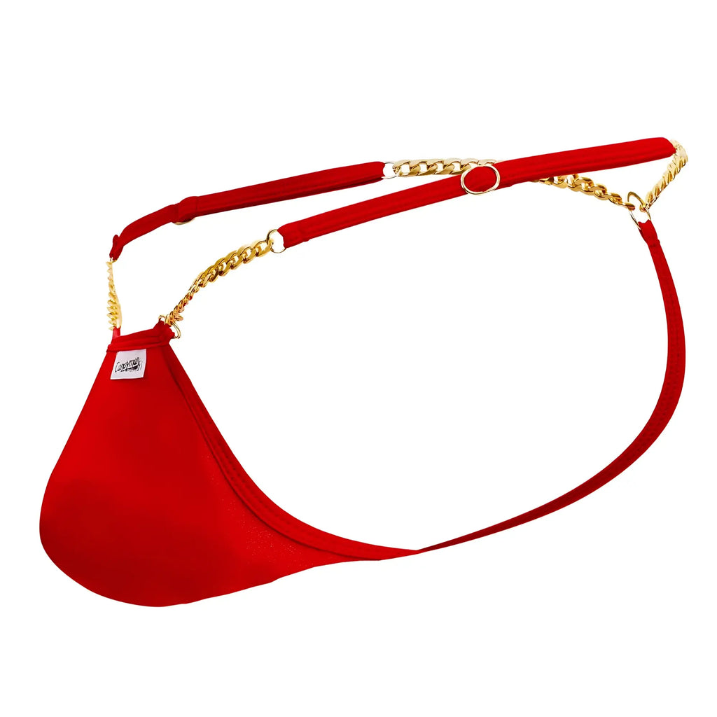 Red fabric thong with gold chain straps and a small white label candyMan 99586 chain g-string in red