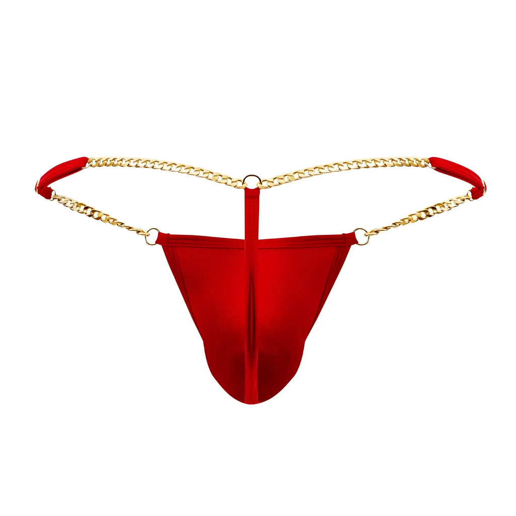 Red satin thong g string candy man 99586 with gold chain detailing and red fabric loops shown from the back side