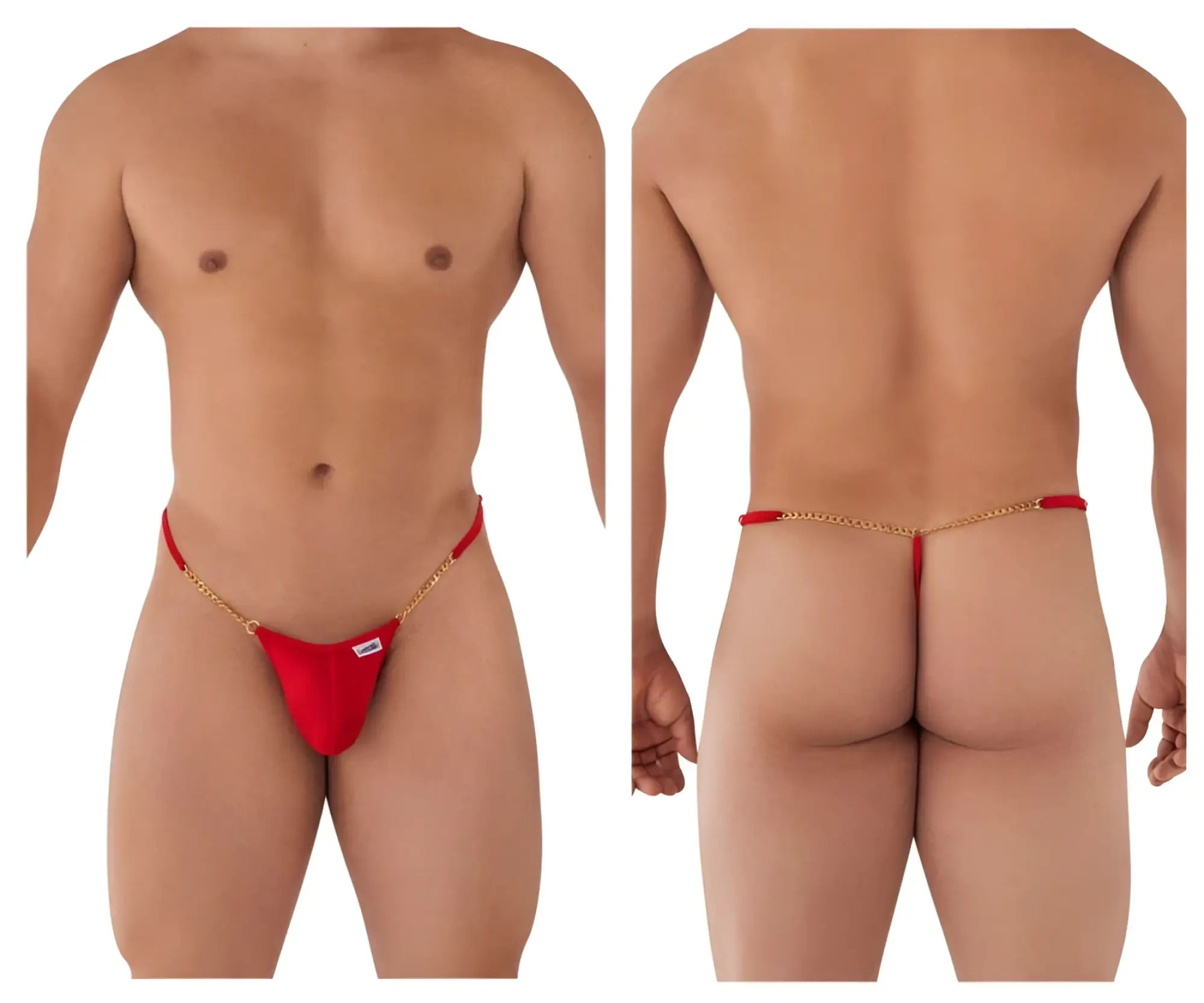 Red candyMan 99586 chain g-string thong with gold chain detailing shown from the back side