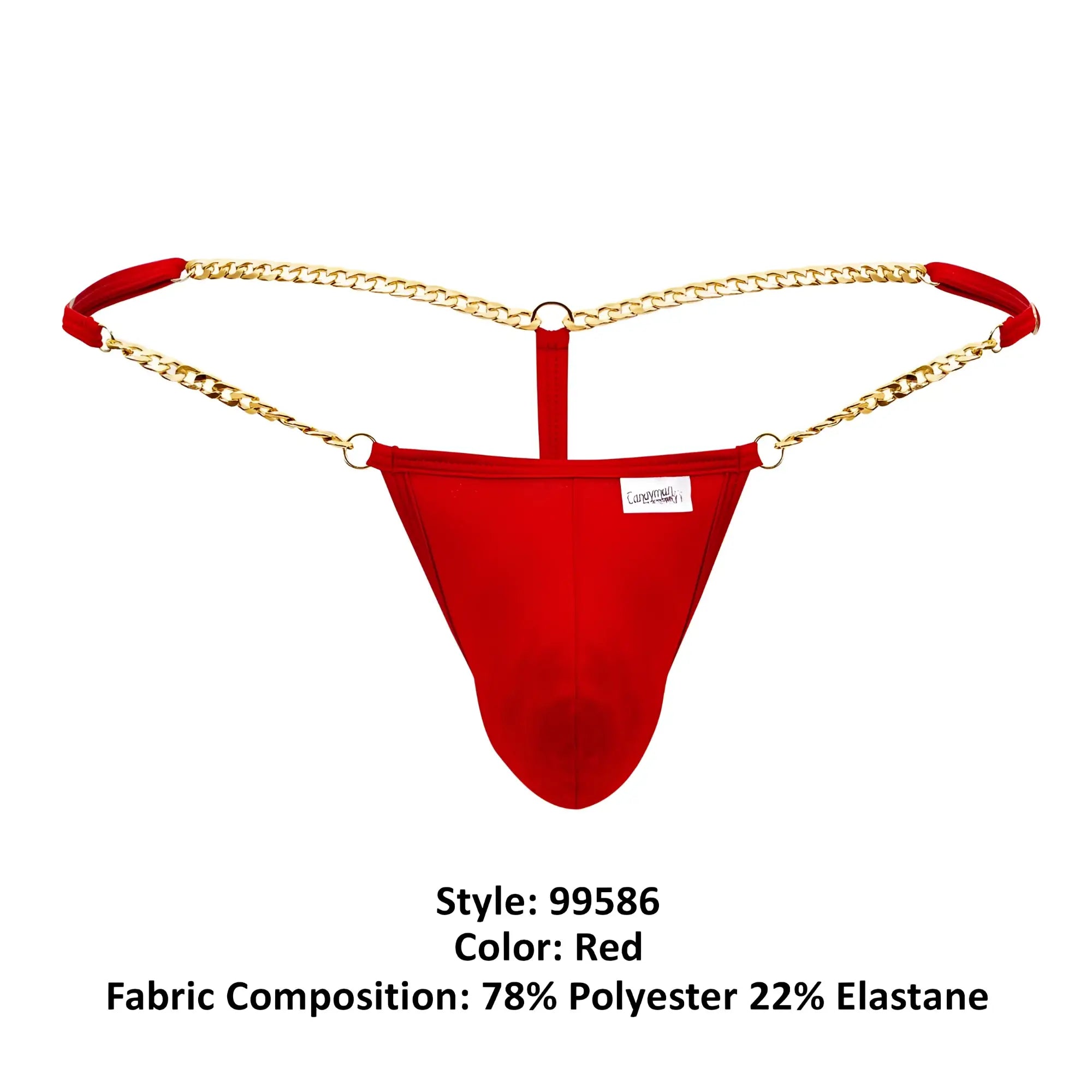 Red thong g-string by candyman with gold chain detailing and red fabric straps shown from the back side