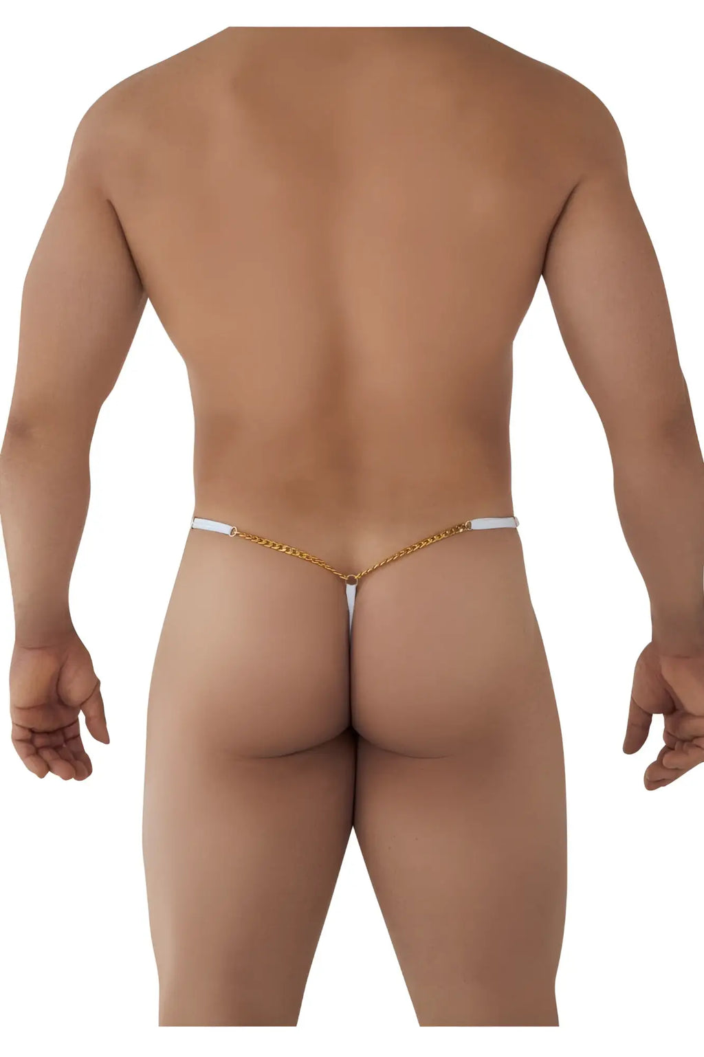 CandyMan 99586 chain g-string thong with gold chain and white elastic straps in front view