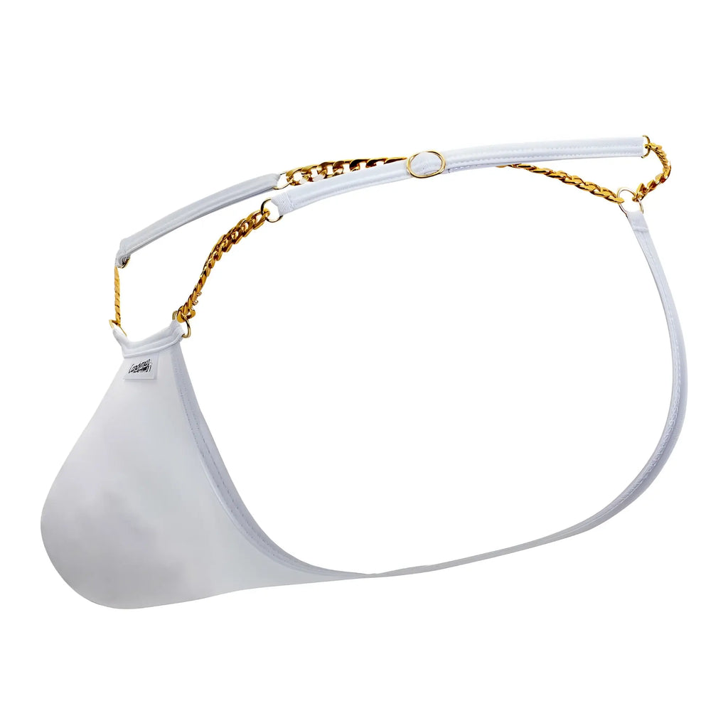 White mesh brief candy man 99586 chain g-string with gold chain strap showing front view