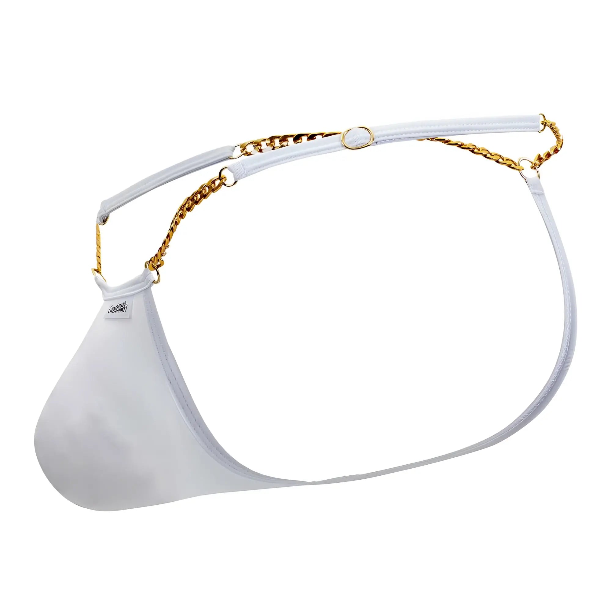 White mesh brief candy man 99586 chain g-string with gold chain strap showing front view