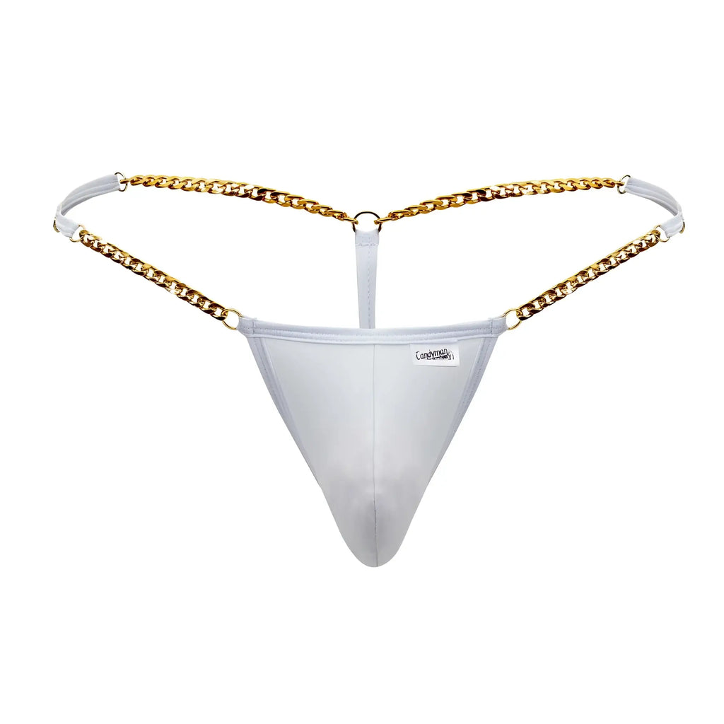 White mesh thong with gold chain detailing candy man 99586 chain g-string showing front side
