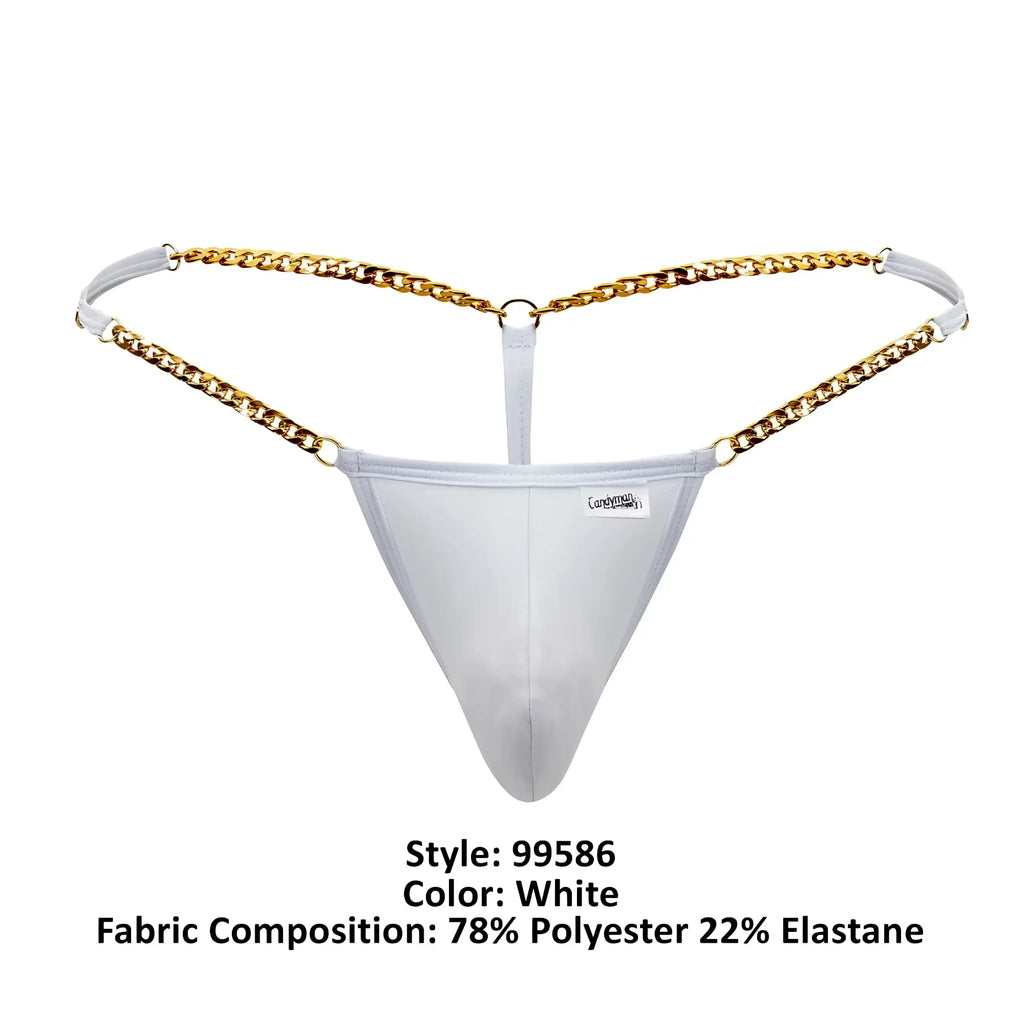 White thong g-string with gold chain detailing by candyman visible from the back in satin material