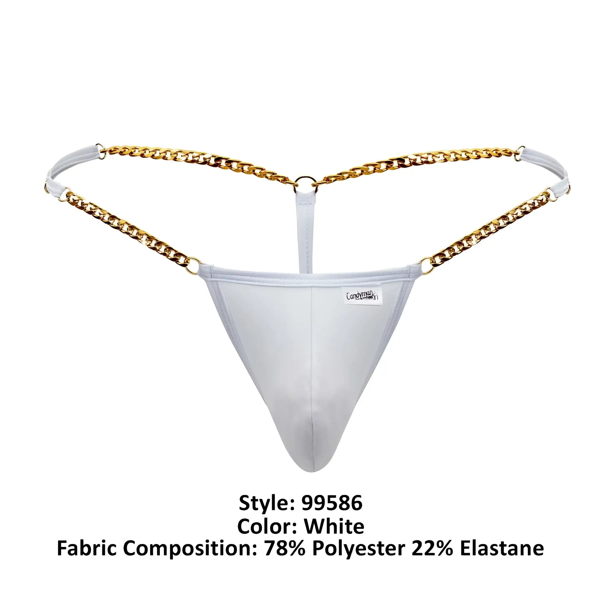 White thong g-string with gold chain detailing by candyman visible from the back in satin material