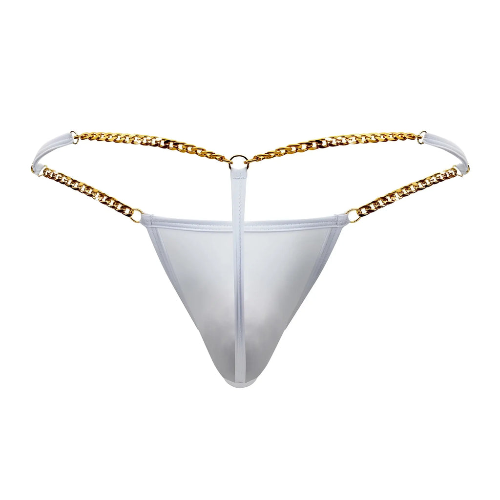 Transparent white mesh thong g-string with gold chain detailing by candyman model 99586 shown from the back side