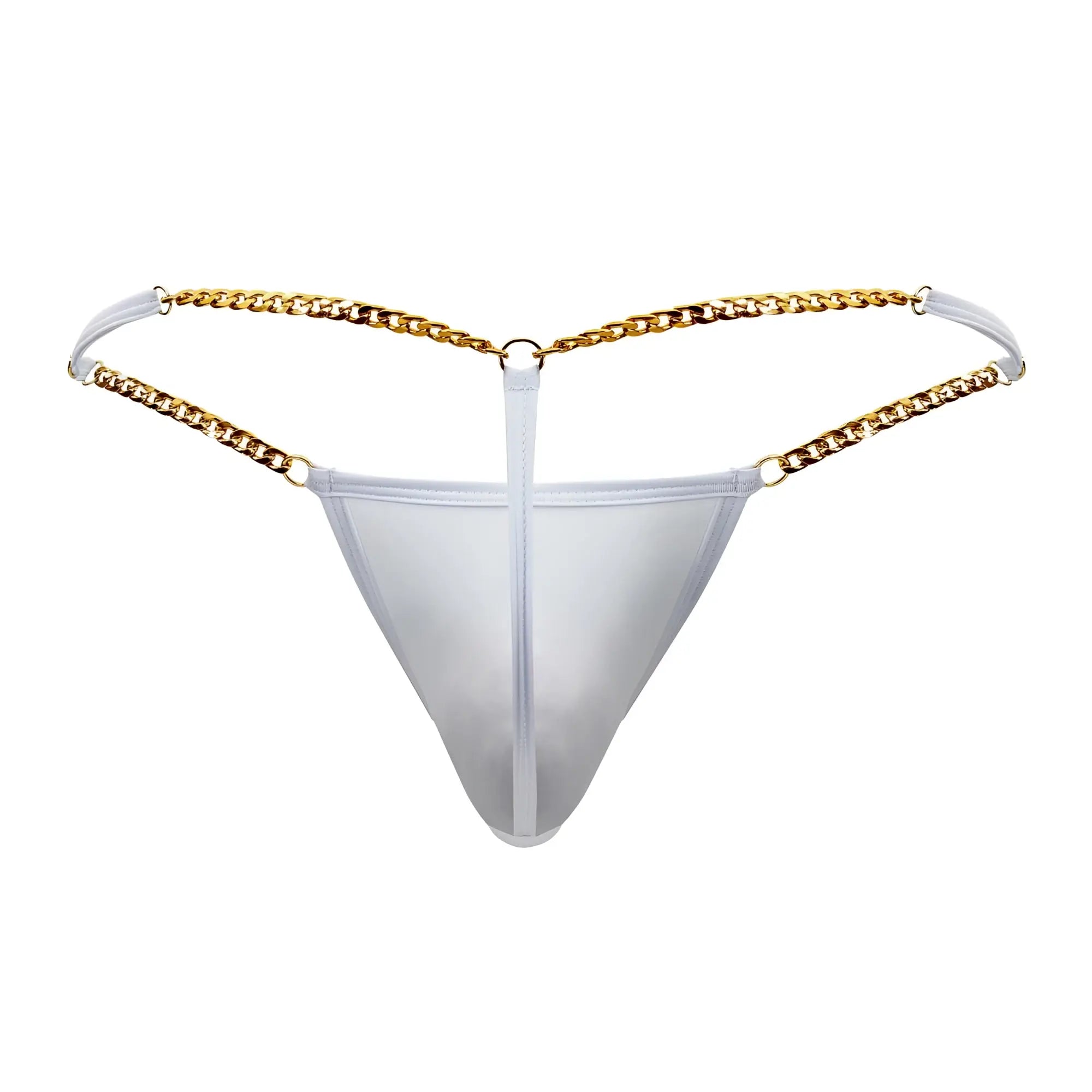 Transparent white mesh thong g-string with gold chain detailing by candyman model 99586 shown from the back side
