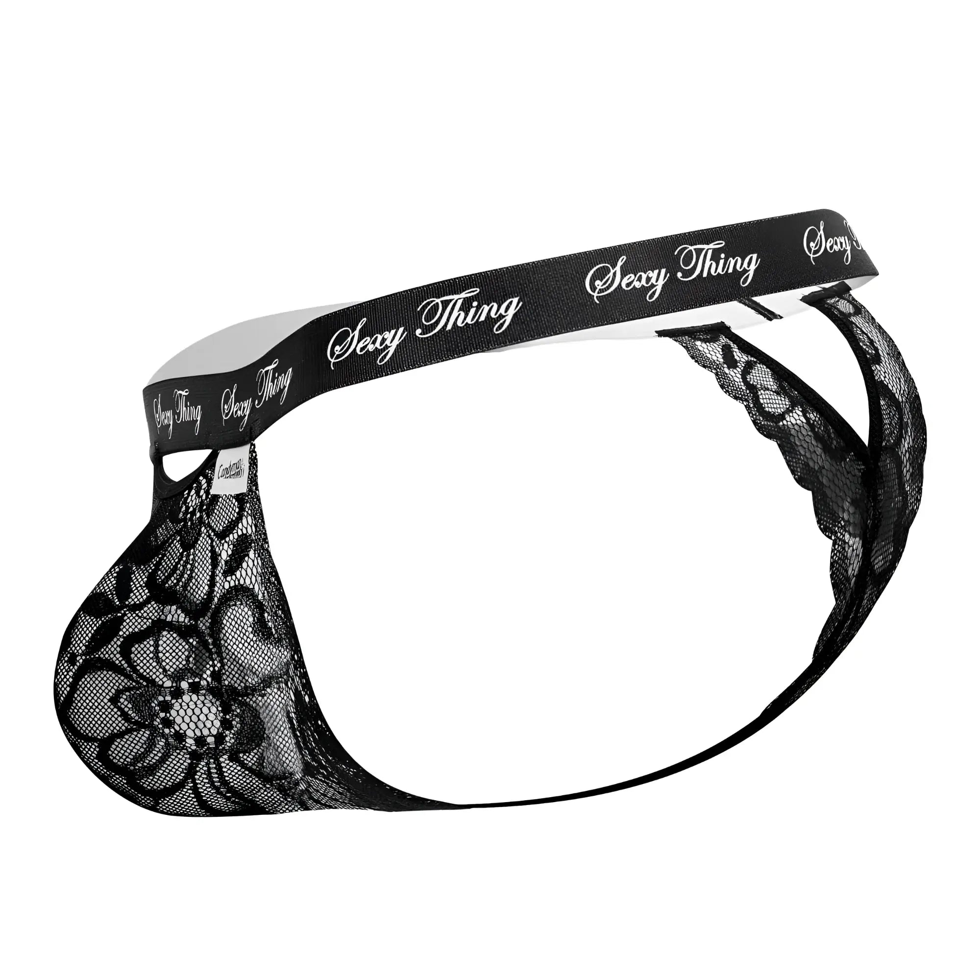 Black lace men’s thong with floral pattern and sexy thing branded waistband candyMan 99594 in black