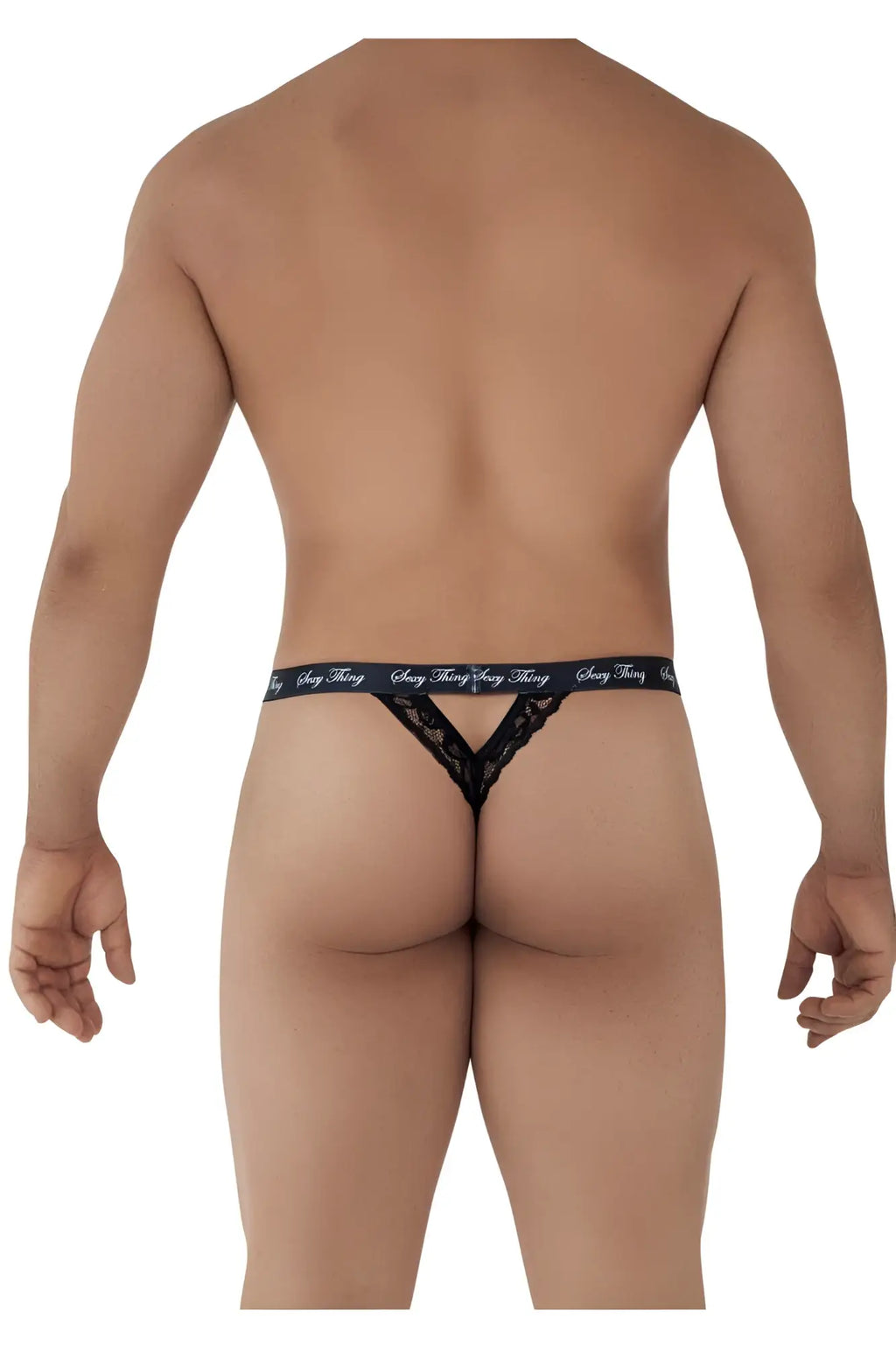 Black lace thong with branded waistband candyMan 99594 sexy thing lace thong in black showing front view