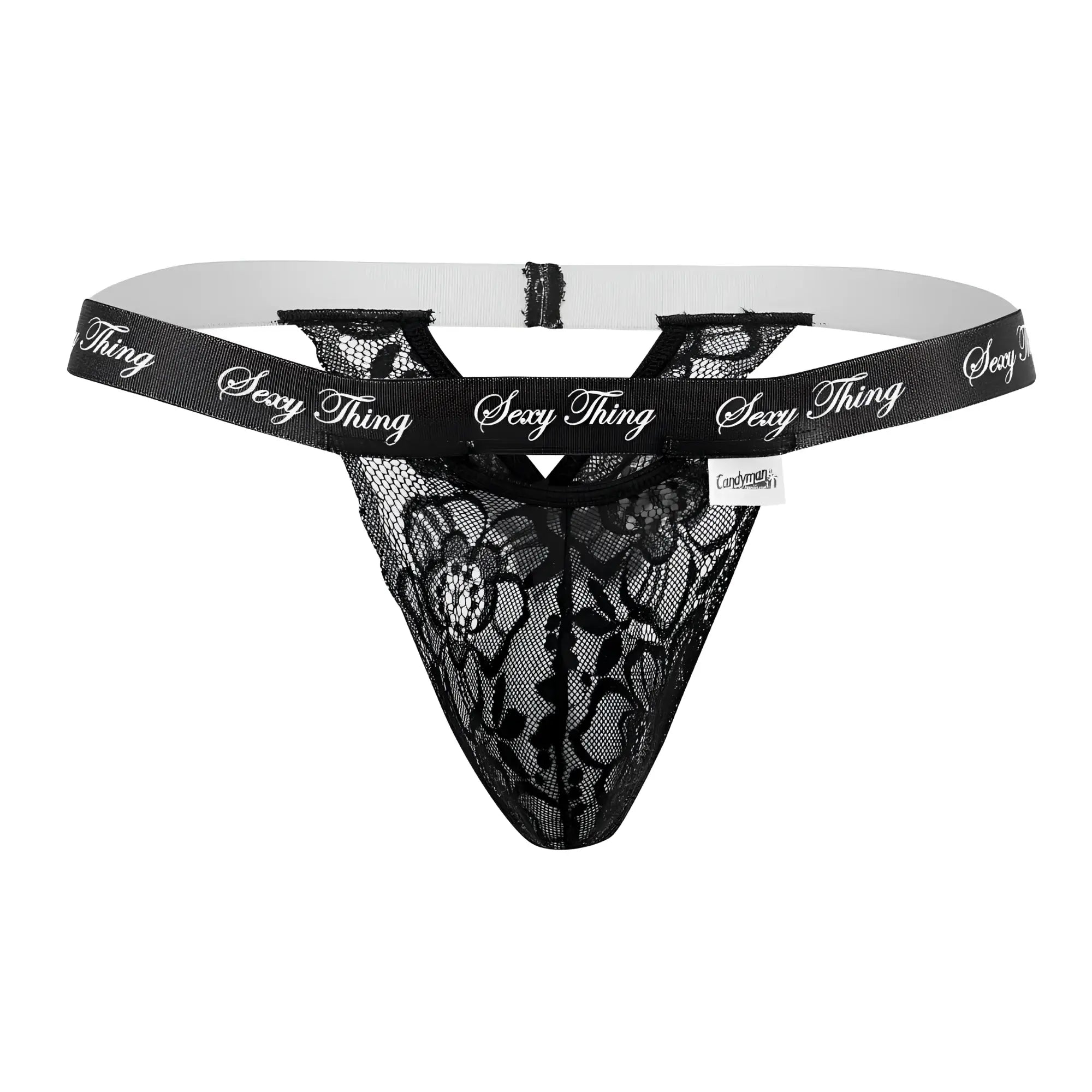 Black lace thong candyMan 99594 with sexy thing branding on waistband in black lace for a bold look