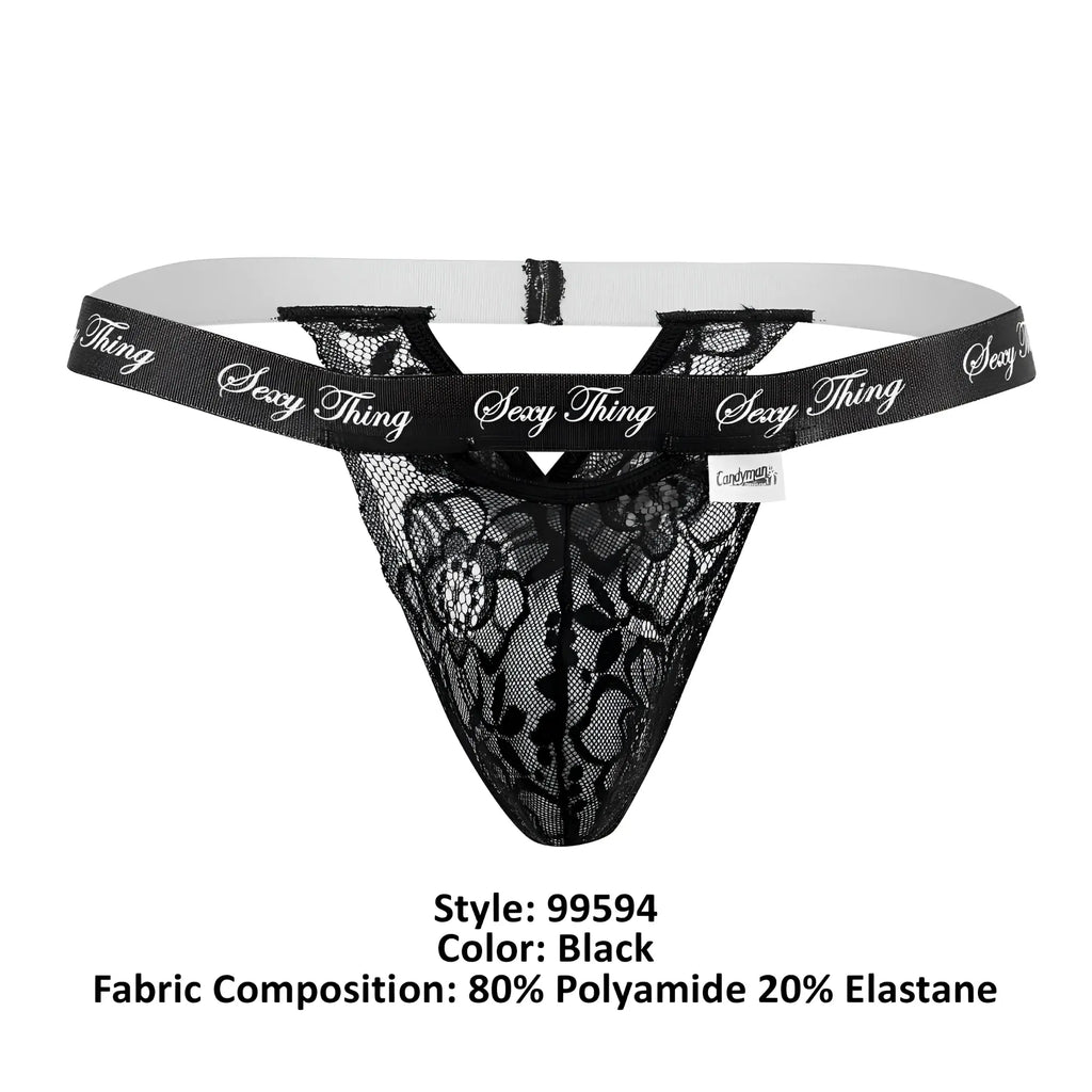 Black lace thong with white elastic waistband featuring sexy thing brand name in silver script candyMan 99594