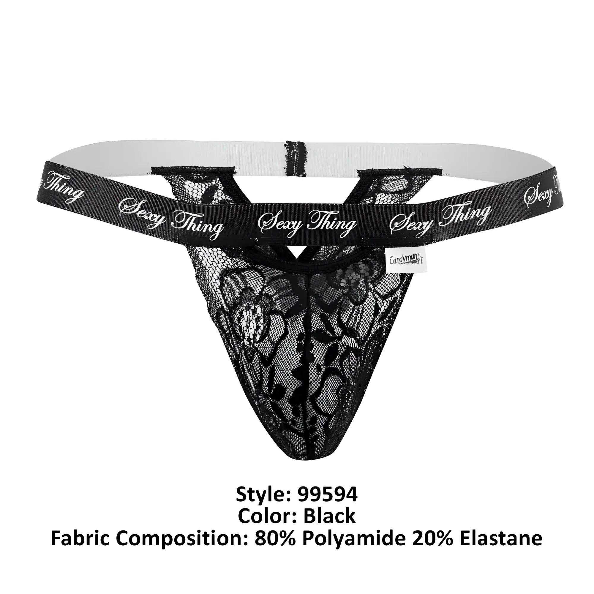 Black lace thong with white elastic waistband featuring sexy thing brand name in silver script candyMan 99594