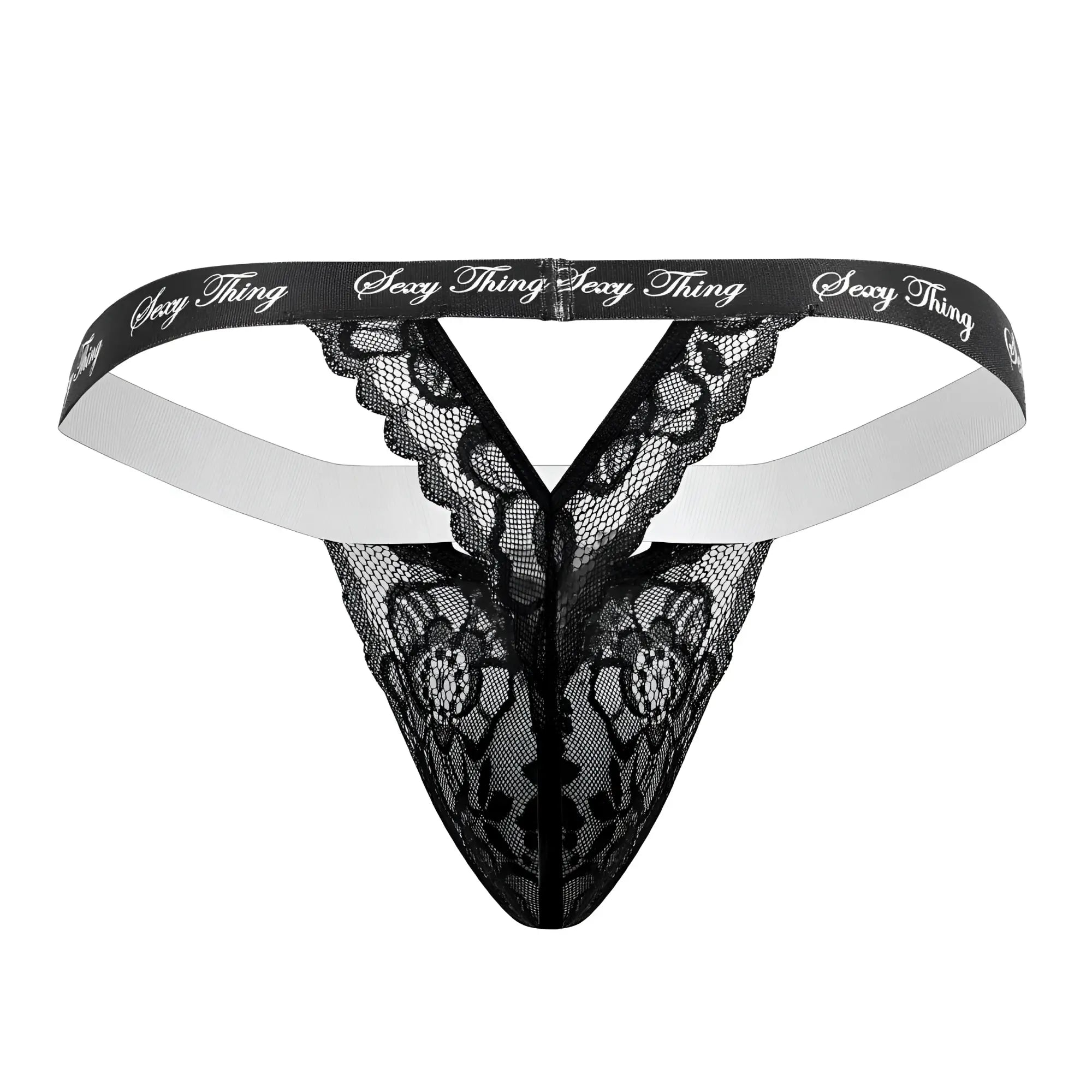 Black lace thong with white elastic waistband and sexy thing branding from Candyman 99594 in black color