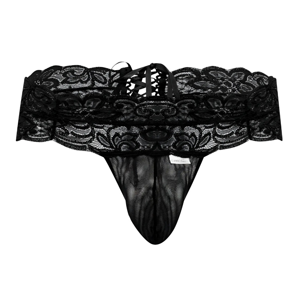 Black lace thong candyman 99595 featuring intricate floral patterns and mesh front in black lace material