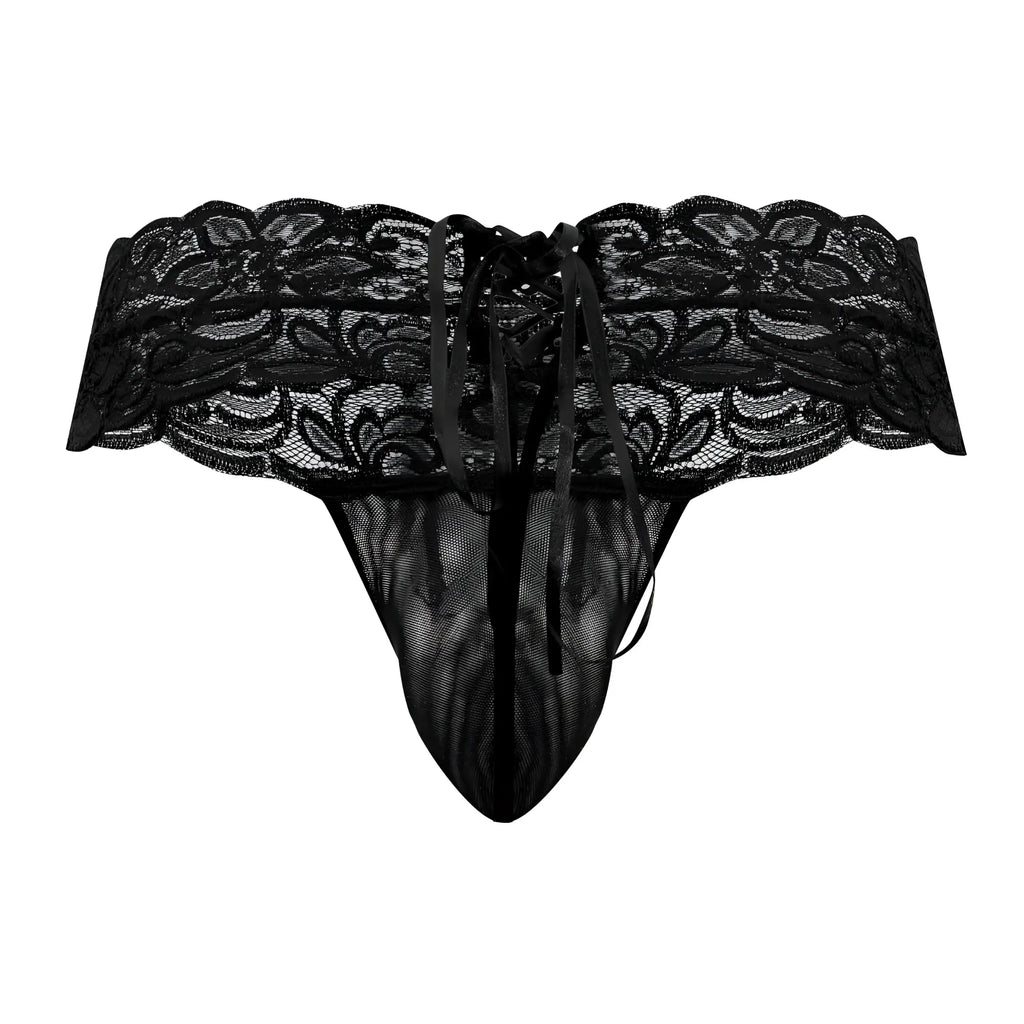 Black lace thong candyman 99595 with intricate floral patterns and tied waistband in black shown from the back