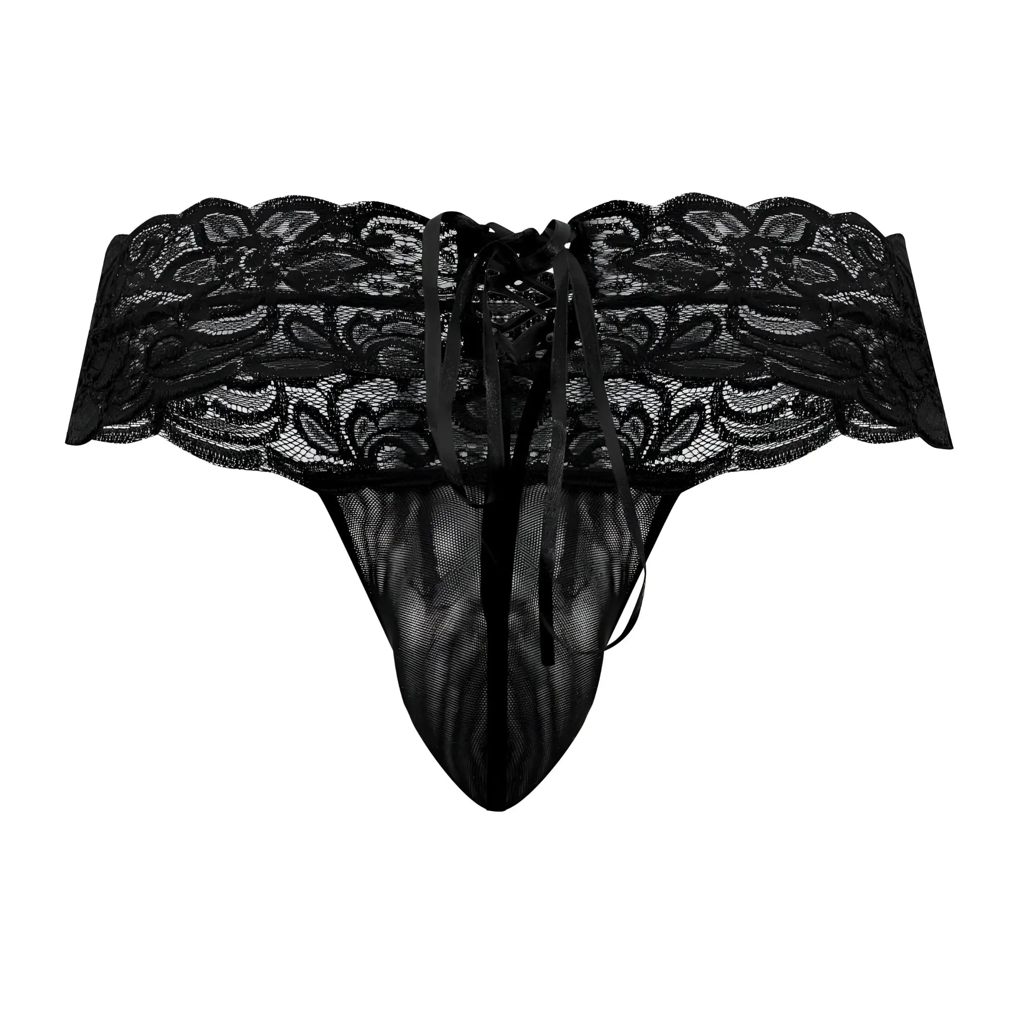 Black lace thong candyman 99595 with intricate floral patterns and tied waistband in black shown from the back