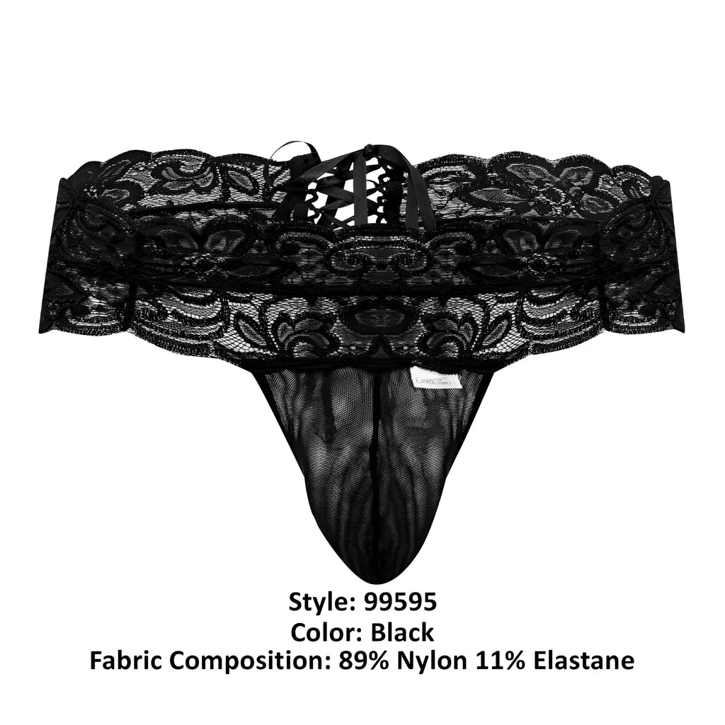 Black lace thong by CandyMan 99595 featuring intricate floral patterns and a mesh front panel in black