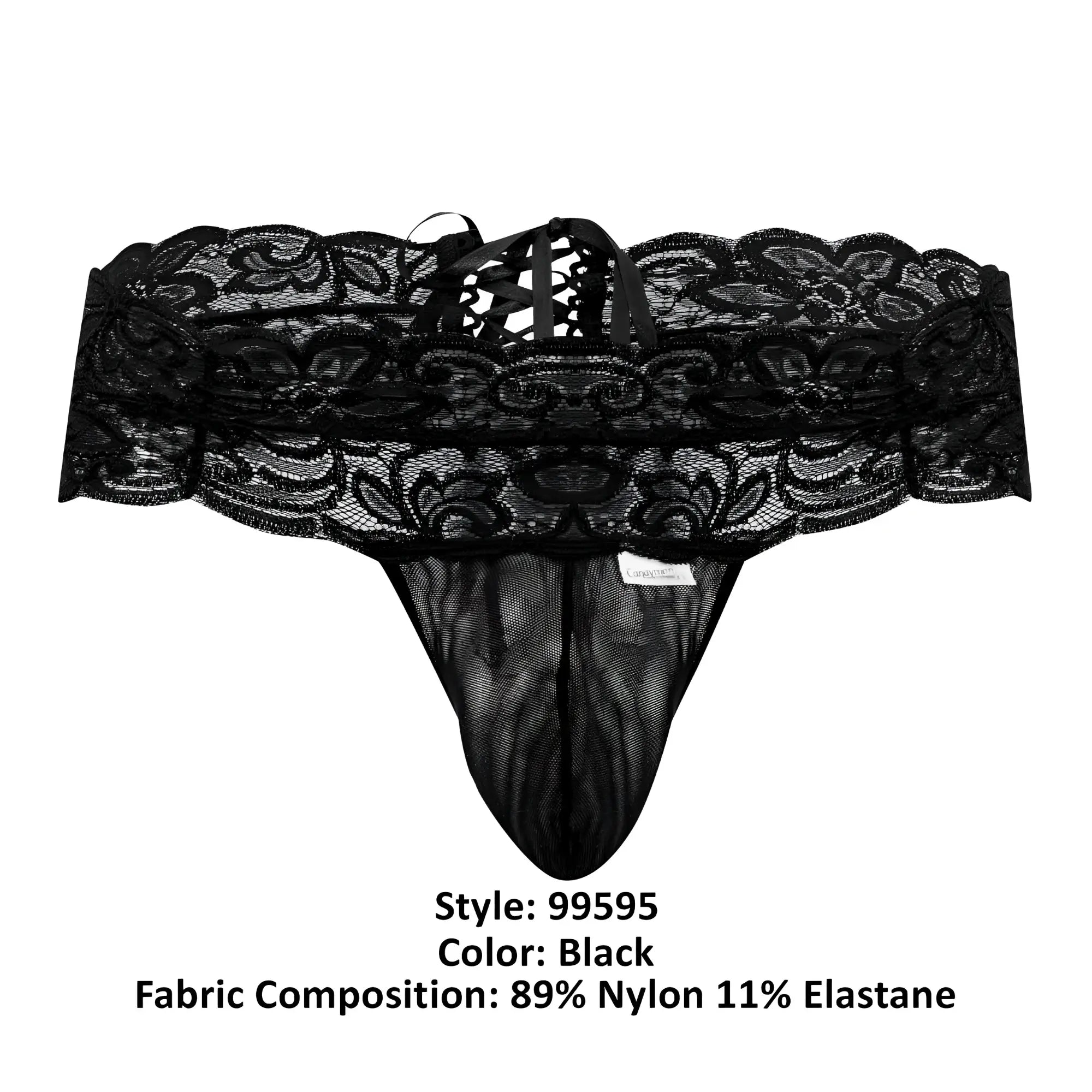 Black lace thong by CandyMan 99595 featuring intricate floral patterns and a mesh front panel in black