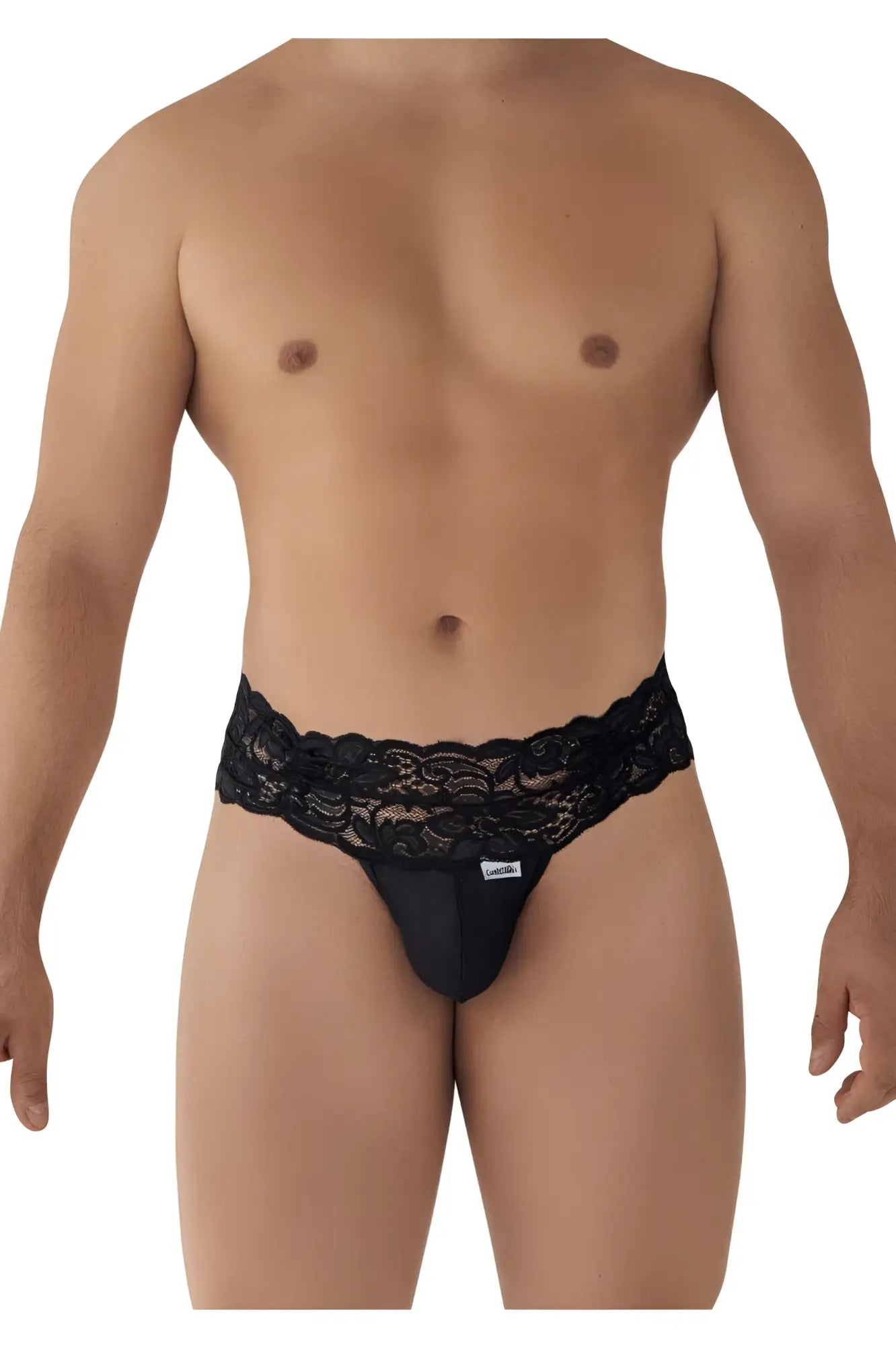 Black lace-trimmed CandyMan 99595 men’s thong in black with a sleek, form-fitting design, back side view