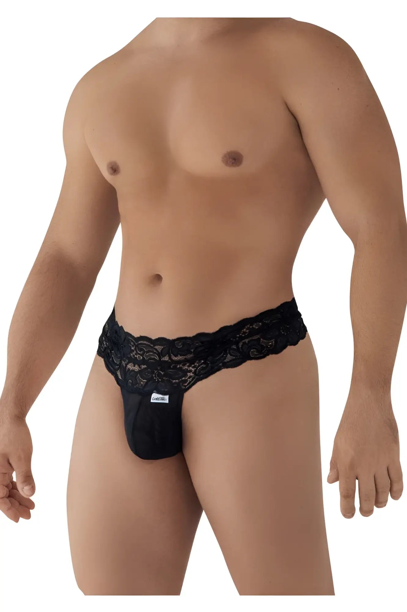 Black lace-trimmed CandyMan 99595 men’s thong with solid black fabric and embroidered brand tag visible