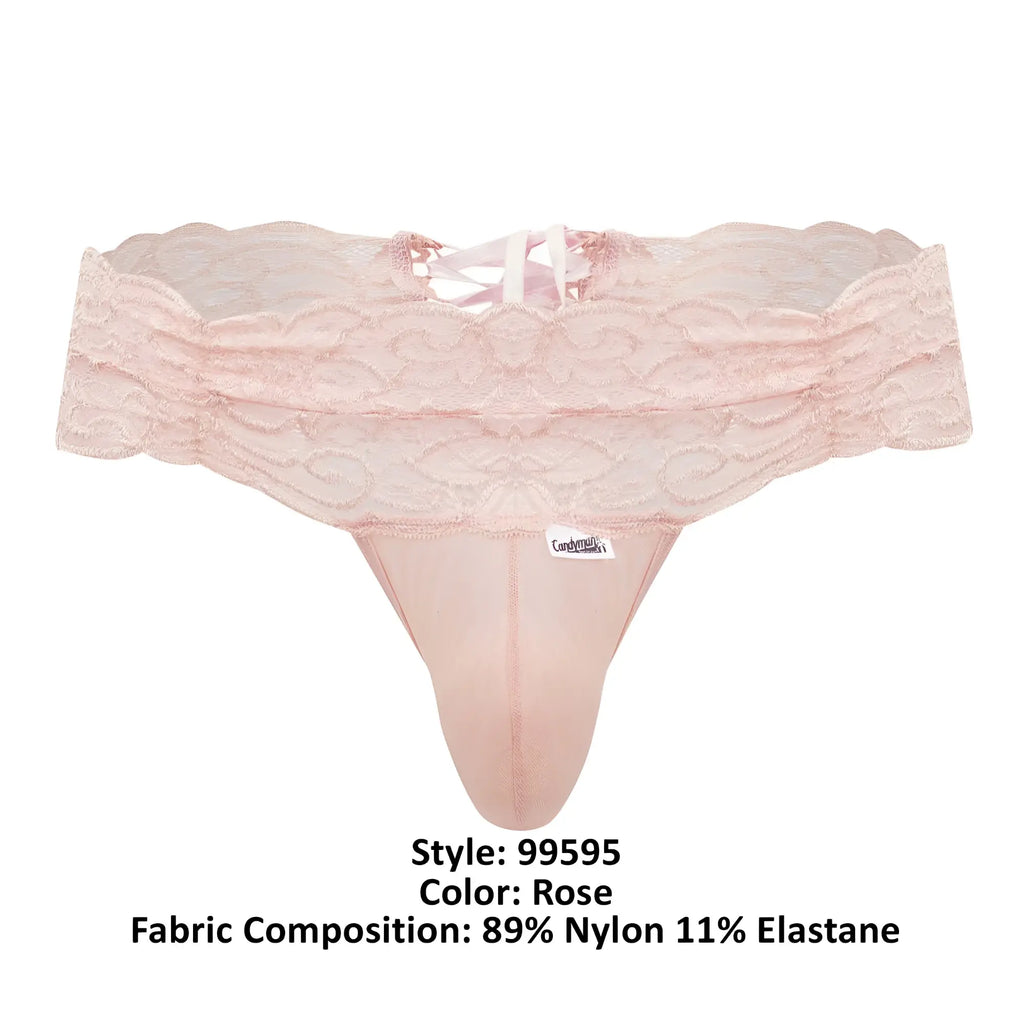 Rose-colored lace thong candyMan 99595 made of sheer nylon and elastane blend showing front view