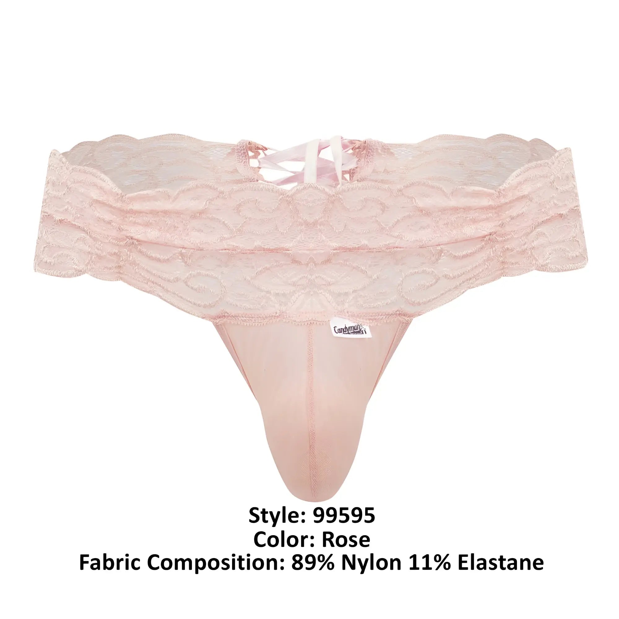 Rose-colored lace thong candyMan 99595 made of sheer nylon and elastane blend showing front view