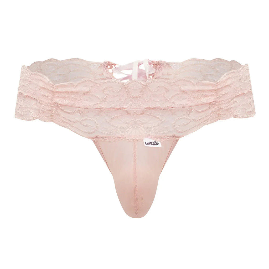A delicate pink rose lace thong with scalloped edges and matching satin-like fabric from CandyMan 99595 collection